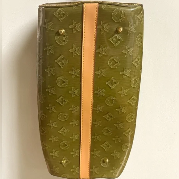 Vintage Olive Green Patent Monogram Satchel Speedy Style Y2K Glossy Handbag - Picture 6 of 16